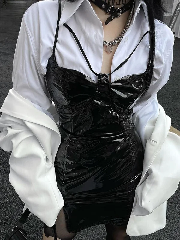 Romantic Skirt Style Cyberpunk Faux Patent Leather Mini Dress