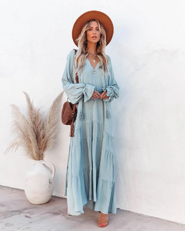 Casual Vibes Bowdan Tiered Boho Maxi Dress - Soft Blue
