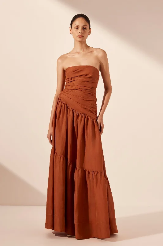 Distinctive Personality CELESTE STRAPLESS TIERED MAXI DRESS - RUST