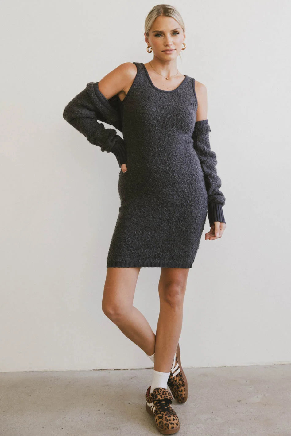 Casual Fashion Vale Textured Knit Mini Dress in Charcoal