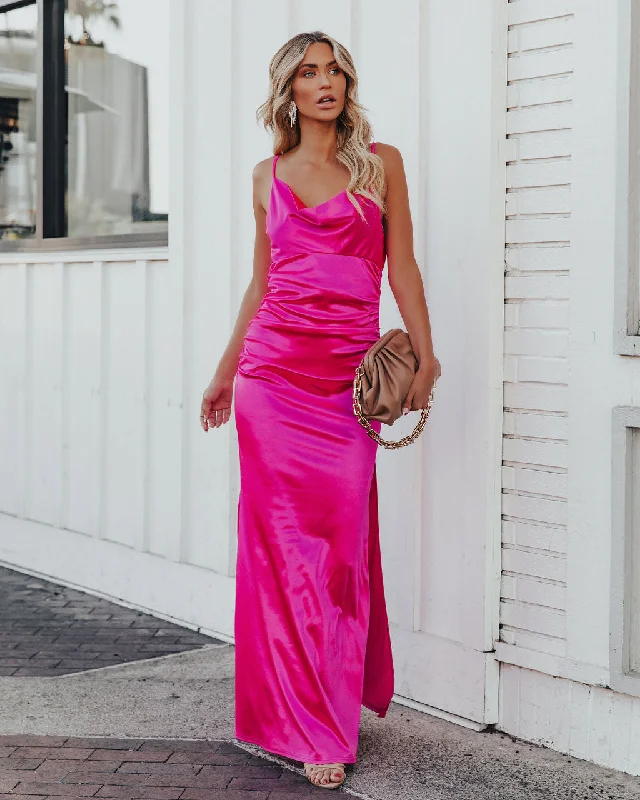 Cool Style Take Care Satin Cowl Neck Maxi Dress - Fuchsia - FINAL SALE