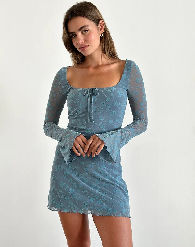 Romantic Tenderness Tatyana Mini Dress in Grunge Floral Blue Grey