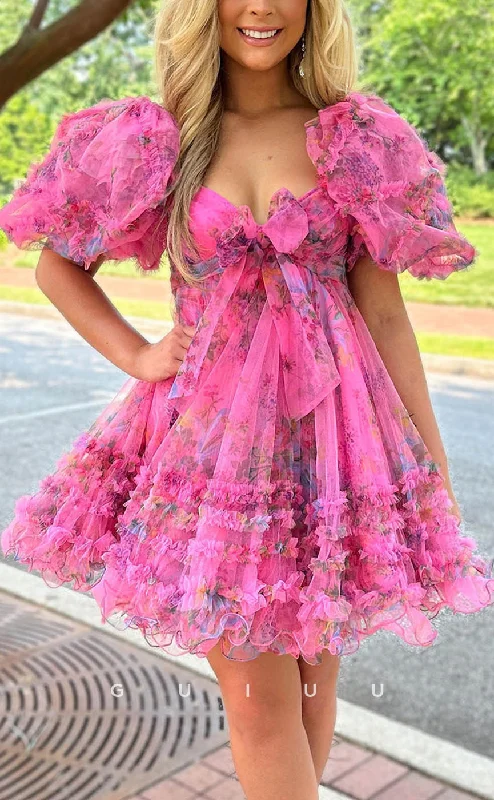 Casual Everyday Wear GH611 - Elegant & Luxurious Ball Gown Puff Sleeves Gown V-Neck Bowknot Homecoming Dress Casual Everyday Wear GH611 - Elegant & Luxurious Ball Gown Puff Sleeves Gown V-Neck Bowknot Homecoming Dress