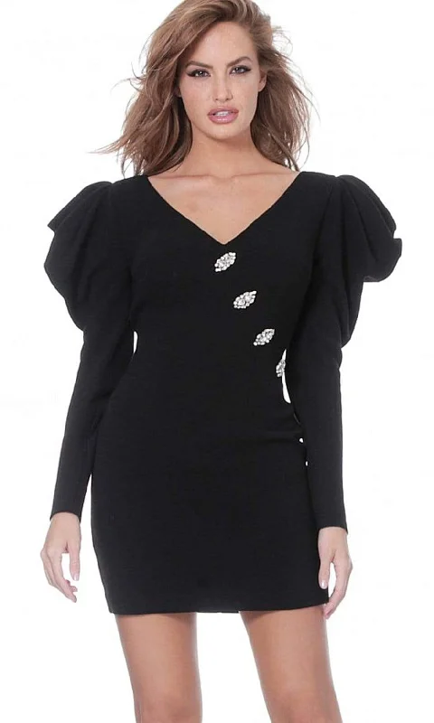 Distinctive Personality Jovani - M3229 Puffed Long Sleeves V Neck Dress