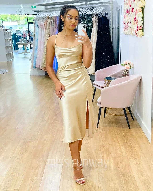 Elegant Fashion Sandrine Satin Midi Dress - Champagne 2.0