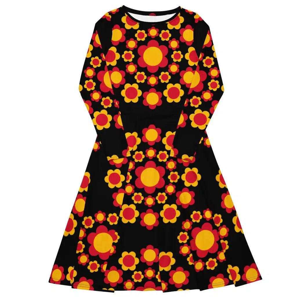 Affordable Chic FLOWERSHOP red yellow - Midi dress with long sleeves and pockets