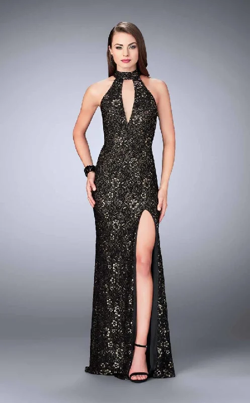 Relaxing Attire La Femme - 24439 Lace Halter Long Evening Gown with Sultry Keyhole Opening Relaxing Attire La Femme - 24439 Lace Halter Long Evening Gown with Sultry Keyhole Opening