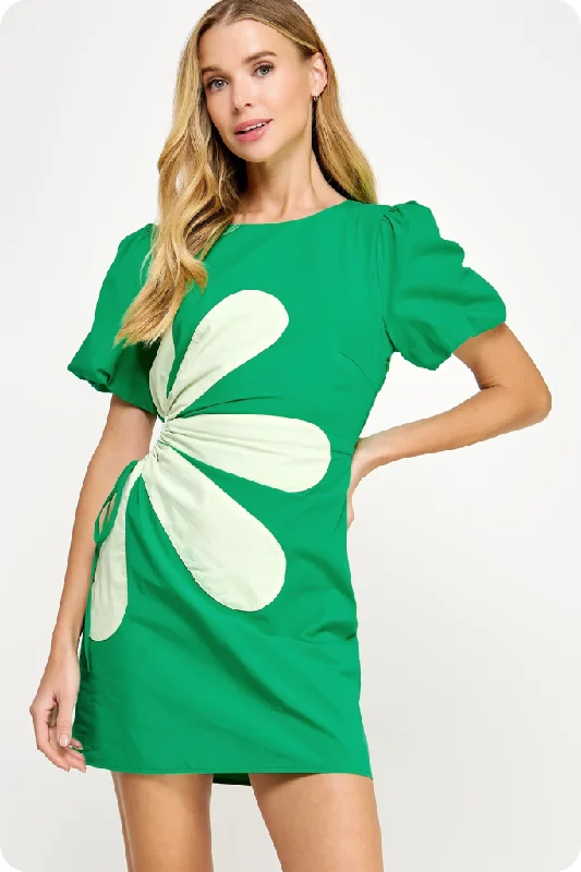 Personalized Embroidery Style Junie Daisy Puff Sleeve Mini Dress in Emerald