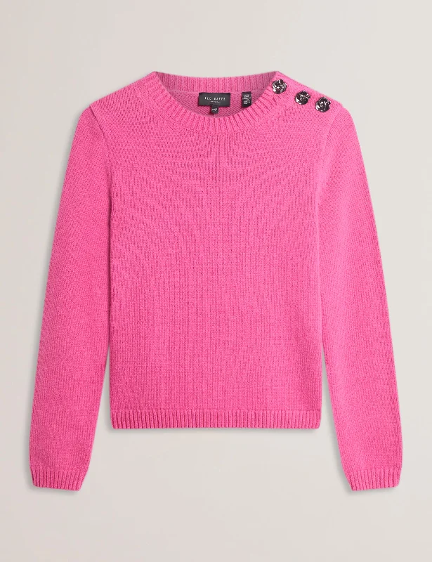 Versatile Looks Janha Rose Button Crew Neck Long Sleeve Sweater Brt-Pink