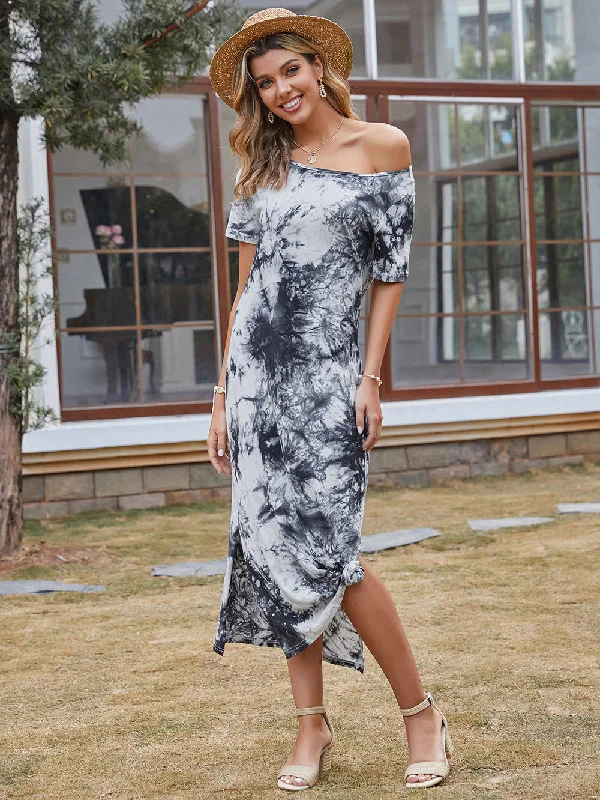 Chic and Cozy KittenAlarm - Women's Mid-length A-line Skirt Off-the-shoulder Ink Print Dress