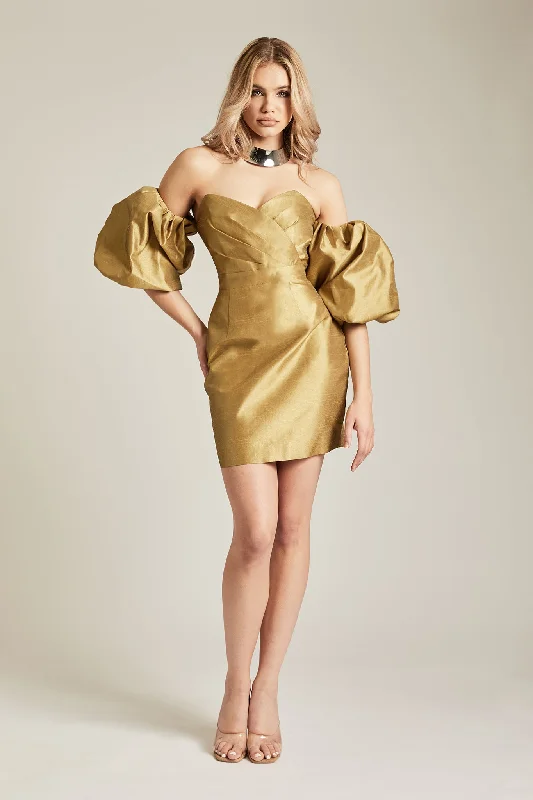 Cozy Comforts Kayla Dupioni Puff Sleeve Mini Dress (Antique Gold)