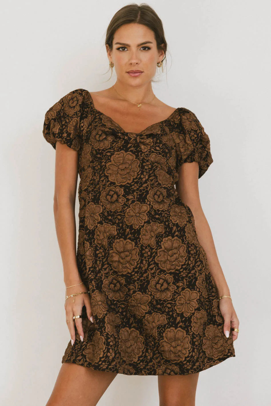 Personalized Contrast Design Darcella Floral Mini Dress in Brown