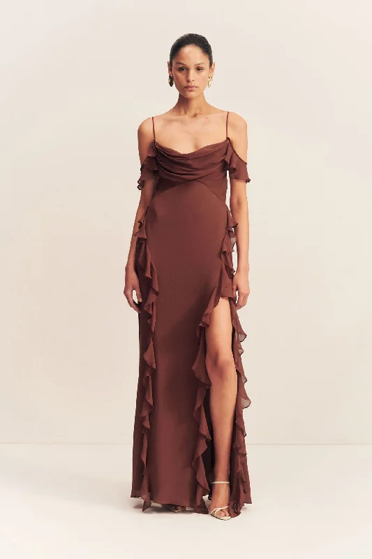 Trendy Styles BLAIR RUFFLE COWL MAXI DRESS - COCOA