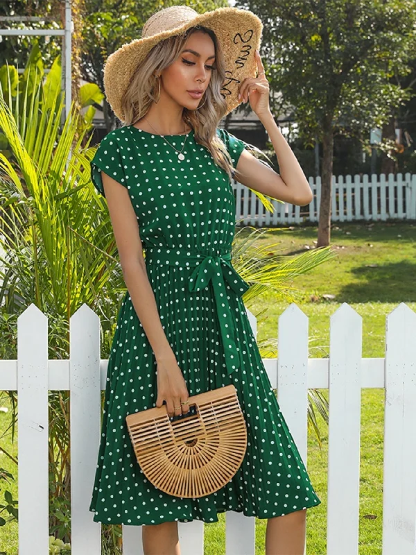 Budget Apparel KittenAlarm - Polka Dot print Belted Pleated A-line Dress