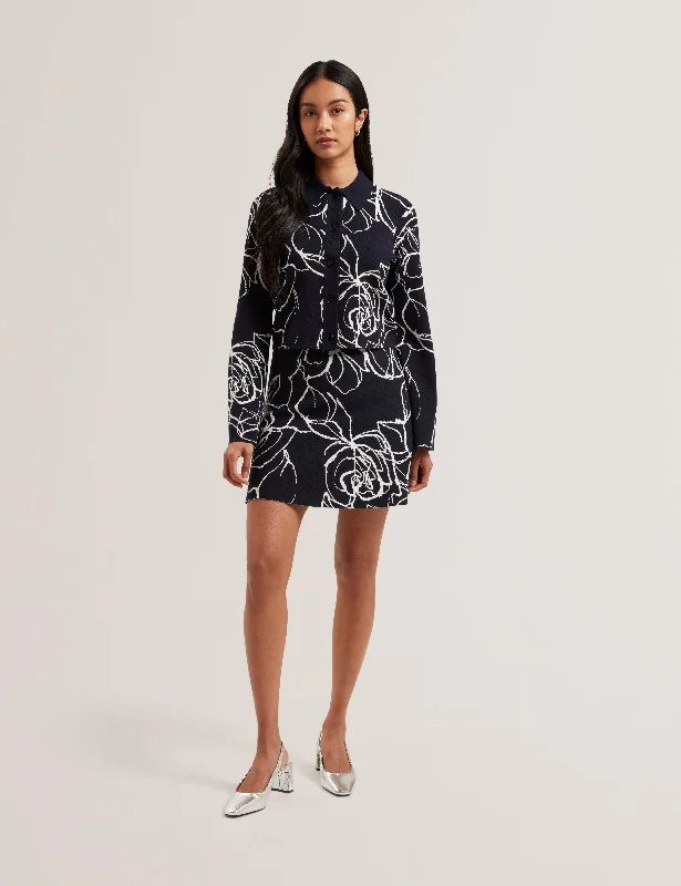 Simple Style Ameliha Knitted Jacquard Collared Cardigan Navy
