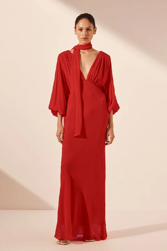 Personalized Denim Style AMINA PLUNGE BALLOON SLEEVE MAXI DRESS - CHILLI