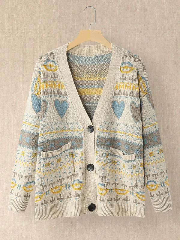 Soft Textiles Women Vintage Full Printing Pattern Long Sleeve Cardigan with Pocket
