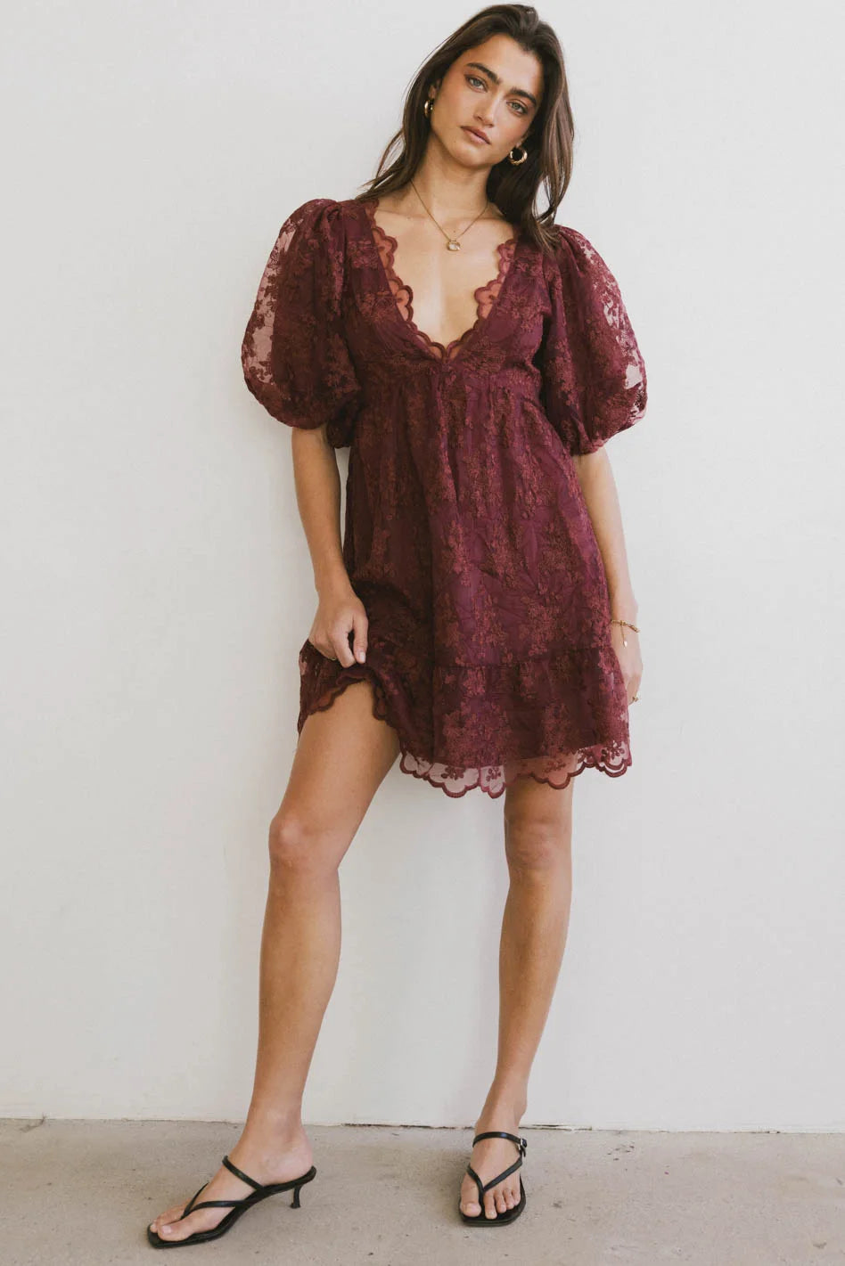 Versatile Wear Tiana Embroidered Mini Dress in Red-Brown