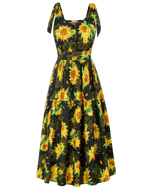 Simple Comfort Sunflower Printed Tiered Midi Dress Sleeveless V-Neck Defined Waist A-Line Dress