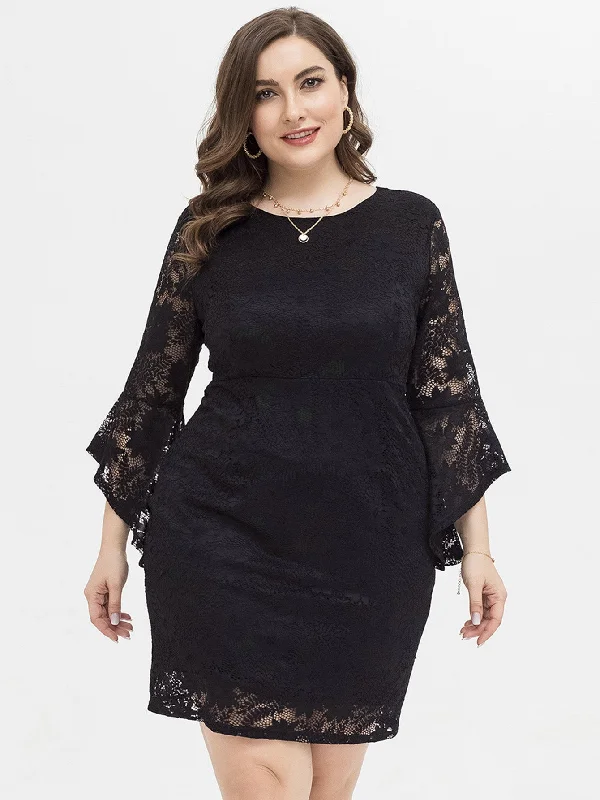 Functional Fashion KittenAlarm - PLUS SIZE FLOUNCE SLEEVE LACE OVERLAY DRESS