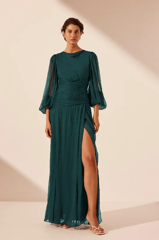 Personalized Contrast Design LAYLA PANELLED LONG SLEEVE MAXI DRESS - DARK TEAL