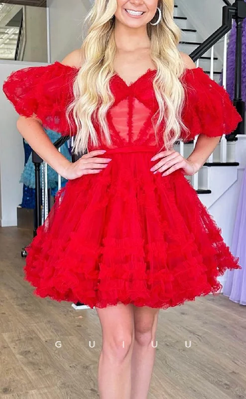 Trendy Comfort GH610 - Tulle Off-Shoulder Sweetheart Puff Sleeves Gown Open Back Red Homecoming Dress Trendy Comfort GH610 - Tulle Off-Shoulder Sweetheart Puff Sleeves Gown Open Back Red Homecoming Dress