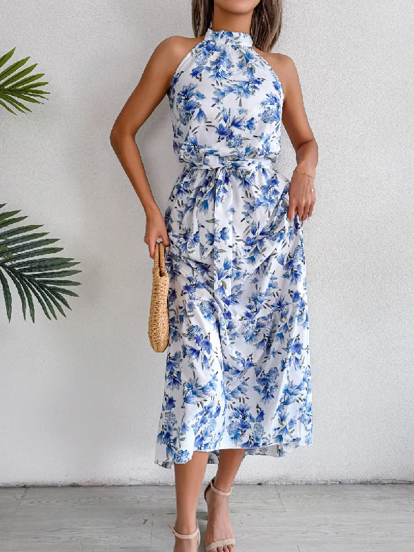 Simple Comfort Sure Thing Floral Chiffon Halter Maxi Dress - Blue - FINAL SALE