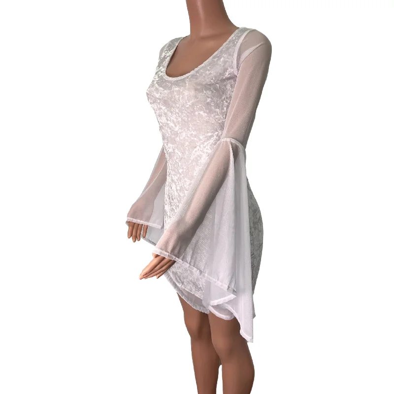 Cool Comforts Bell Sleeve Bodycon Dress in White Crushed Velvet w/ White Mesh Sleeves Cool Comforts Bell Sleeve Bodycon Dress in White Crushed Velvet w/ White Mesh Sleeves