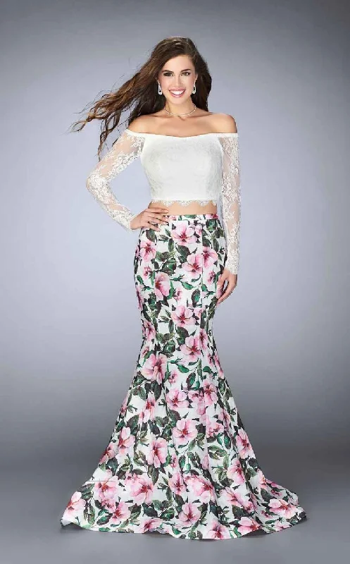 Comfy Fabrics La Femme - 24281 Intricate Lace Off-Shoulder Long Floral Evening Gown