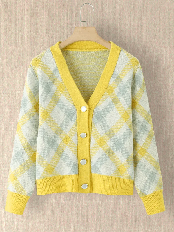 Comfy Clothes Women Plaid V-Neck Knitted Elastic Cuff Color Block Cardigan