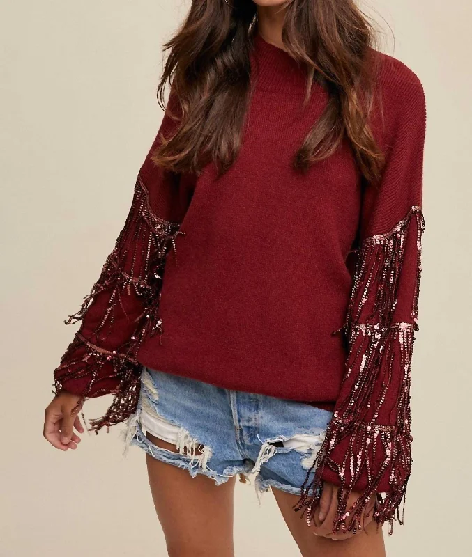 Relaxed Fit All Is Bright Fringe Sequin Sweater In Wine
