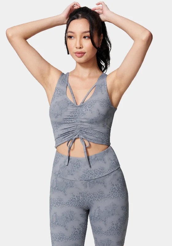 Cozy Pieces Bebe Logo Foiled Print Ruched Front Knit Top
