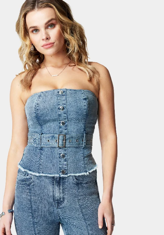 Fashionable Fit Belted Button Front Denim Bustier