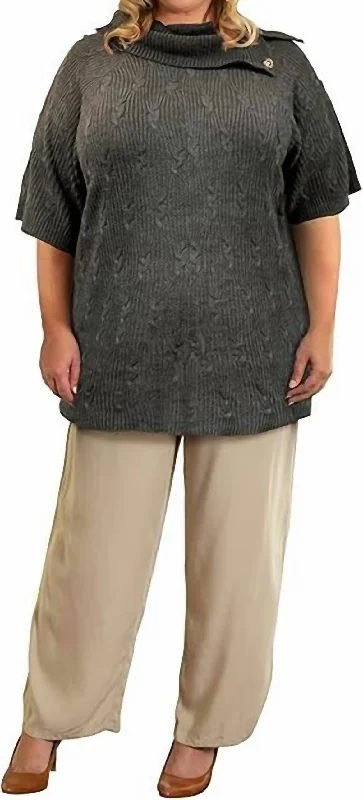 Personalized Three-Dimensional Design Button Cowl Neck Short Sleeve Sweater - Plus In Dark Grey