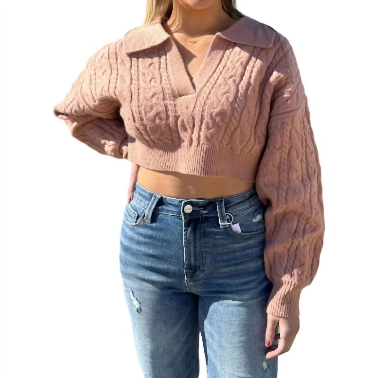 Comfy Tops Cable Knit Cropped Sweater In Dusty Rose