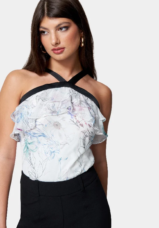Personalized Contrast Design Contrast Halter Printed Ruffle Woven Top