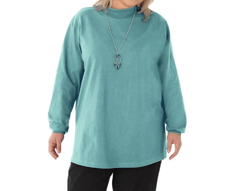 Sporty Look Cotton Jersey Mock Long Sleeve Top - Plus In Emerald Green