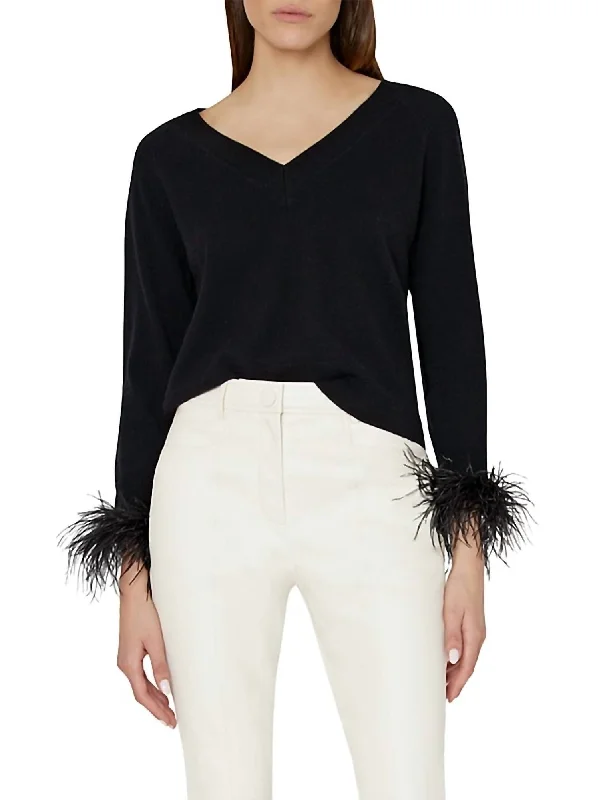 Effortless Chic Feather Cuff V Neck Sweater In Black