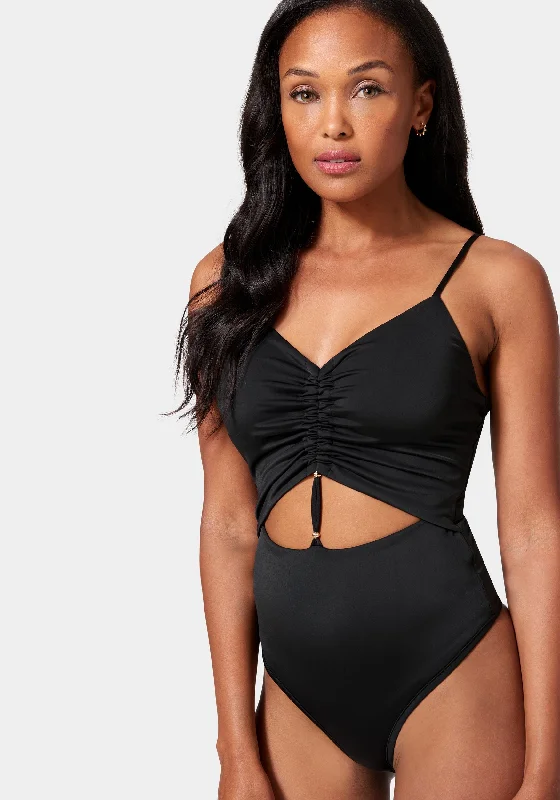 Comfortable Jeans Front Keyhole Ruched Knit Bodysuit