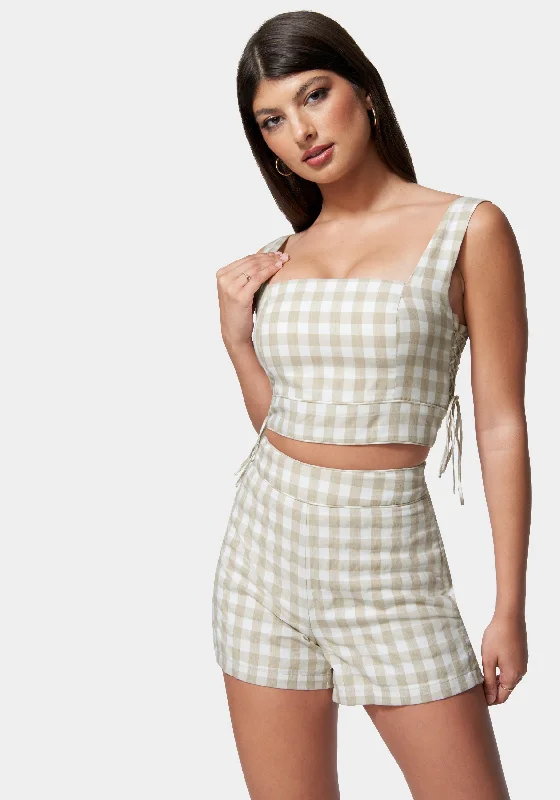 Cozy Essentials Gingham Cropped Lace Up Detail Top
