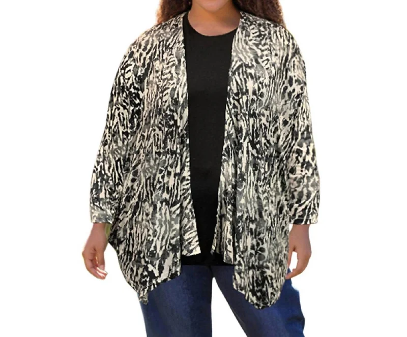 Smart Casual Long Sleeve Draped Cardigan - Plus In Black/white Leopard