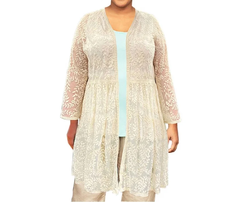 Warm Style Long Sleeve Mesh Lace Betty Duster - Plus In Beige Floral