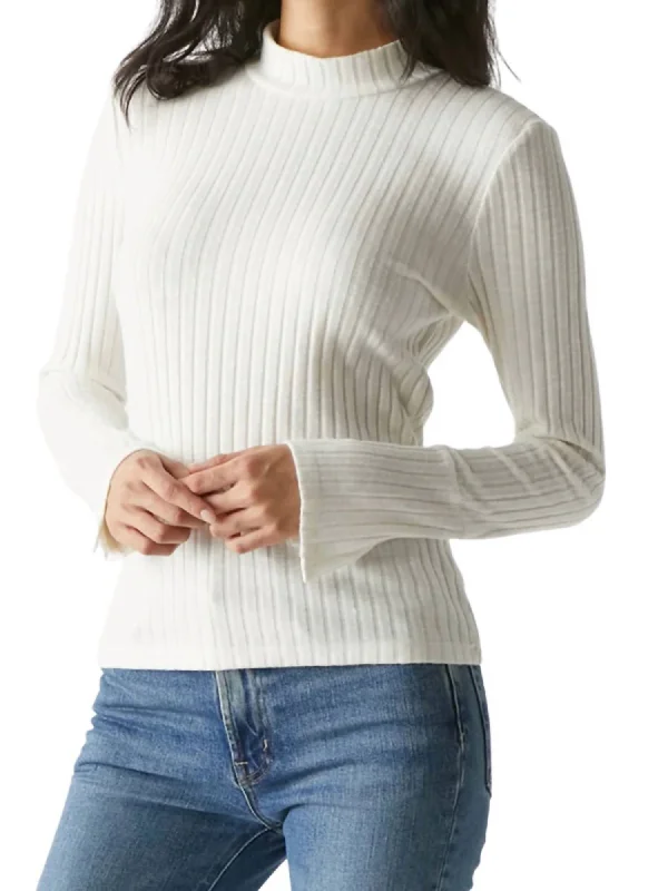 Stylish Comfort Opal Button Cuff Long Sleeve Ribbed Turtleneck Top In Chalk