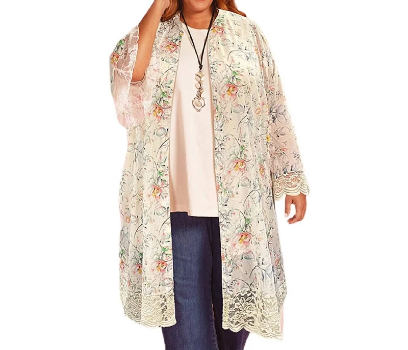 Romantic Dinner Printed Long Sleeve Lace Chiffon Duster - Plus In Ivory Floral