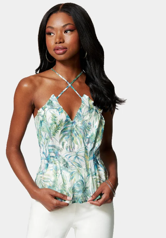 Chic Outfits Printed Sequin Chiffon Cross Neck Blouse