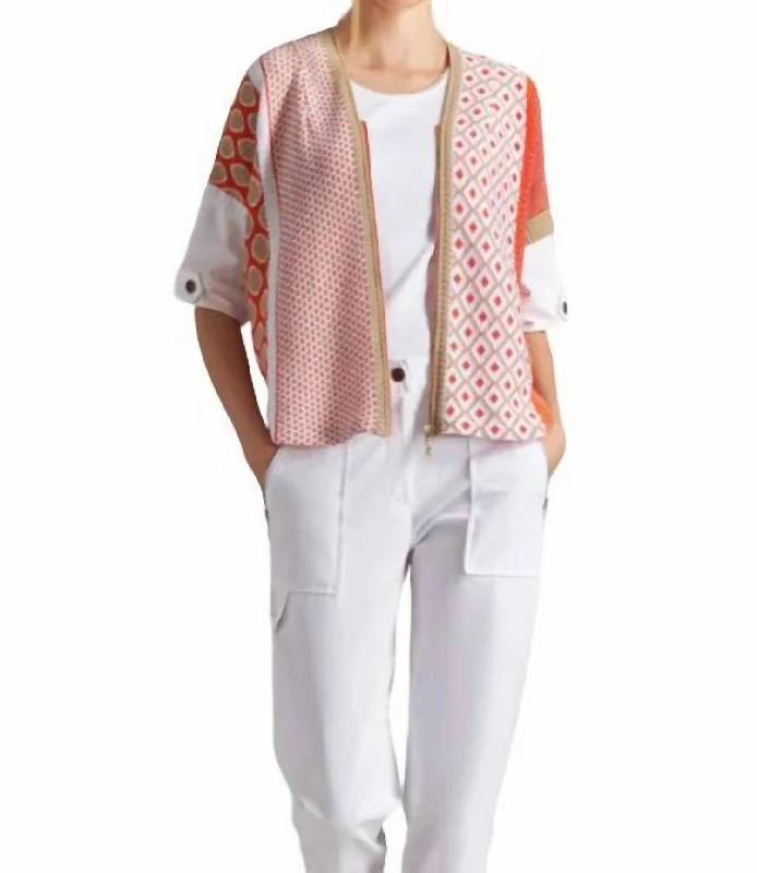Affordable Trend Printed Zip Up Sweater In Orange