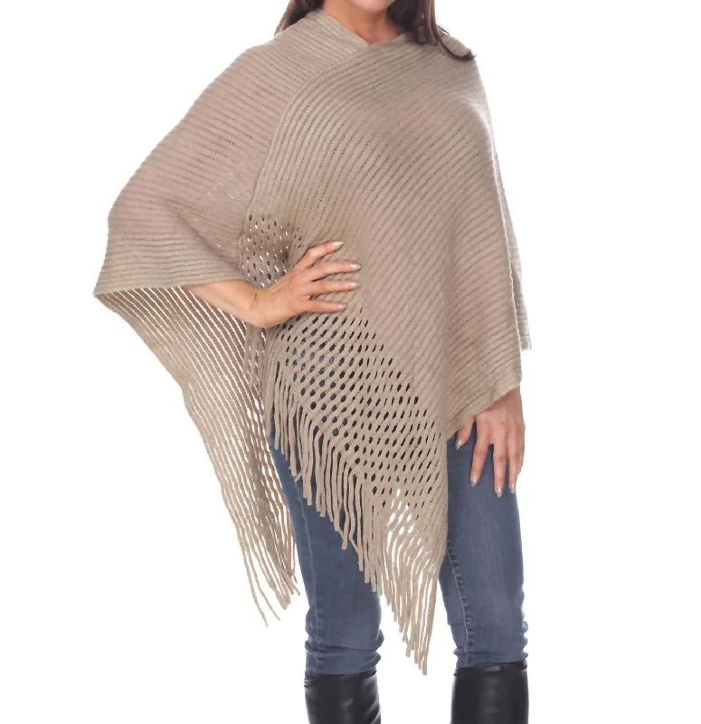 Effortless Chic Sansa Gold Knit Fringe Poncho In Beige