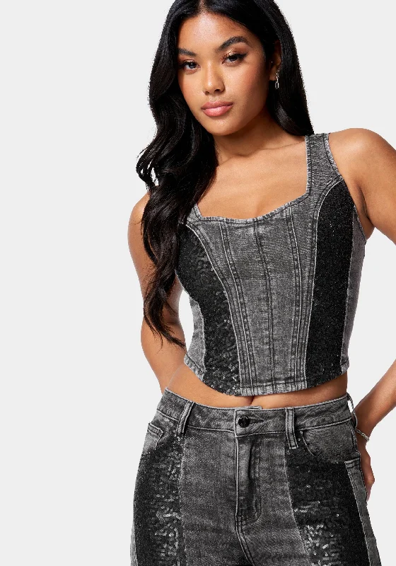 Easy Fashion Sequin Trim Denim Bustier Top