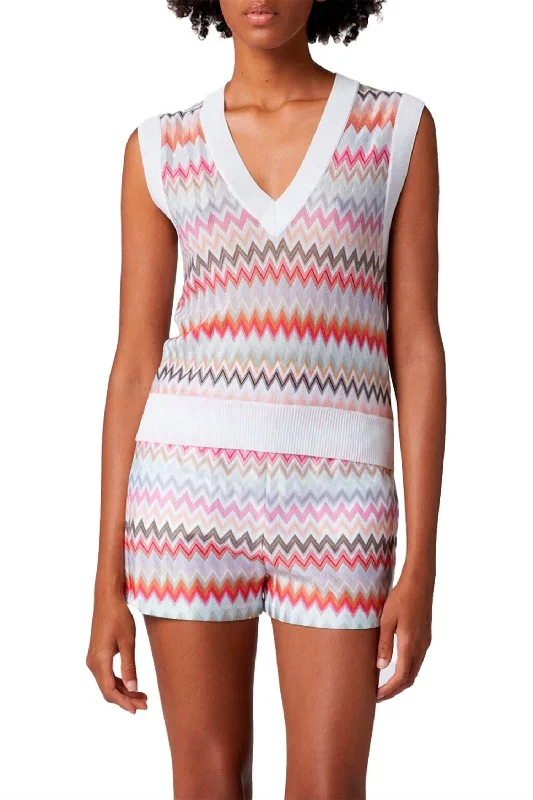 Warm Apparel Sleeveless Zigzag Knit Top In Brilliant White