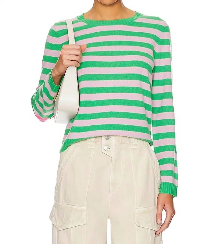 Street Style Stripe Love Patch Crew Sweater In Green And Pink